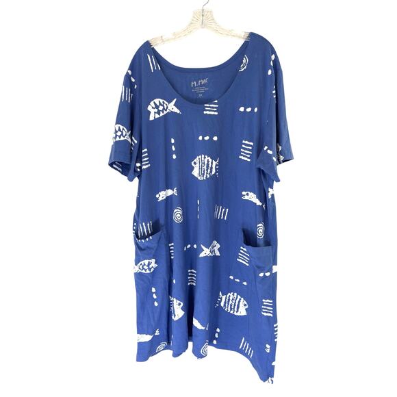 M Mac Dress The Vermont Country Store Plus Blue Short Sleeve Fish Print Size 3X - Picture 1 of 12